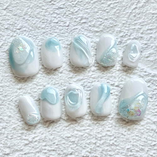 シアーブルーオーロラウェーブ うるちゅる ぷっくり 韓国 水色 ネイル