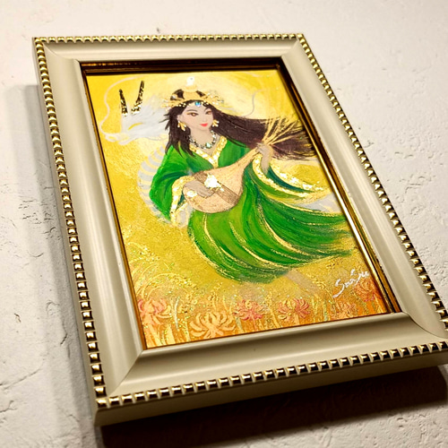 風水運気上昇神仏絵画＊豊かさの光を奏でる翡翠の衣を纏う弁財天と白龍