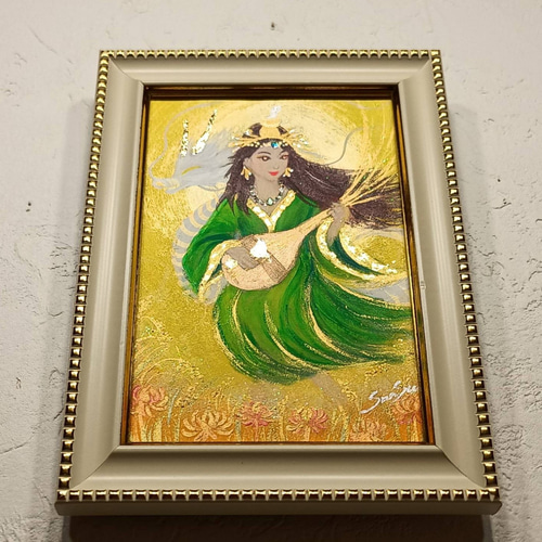 風水運気上昇神仏絵画＊豊かさの光を奏でる翡翠の衣を纏う弁財天と白龍