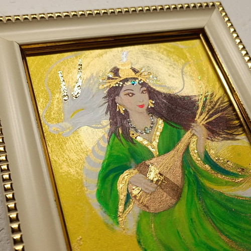 風水運気上昇神仏絵画＊豊かさの光を奏でる翡翠の衣を纏う弁財天と白龍