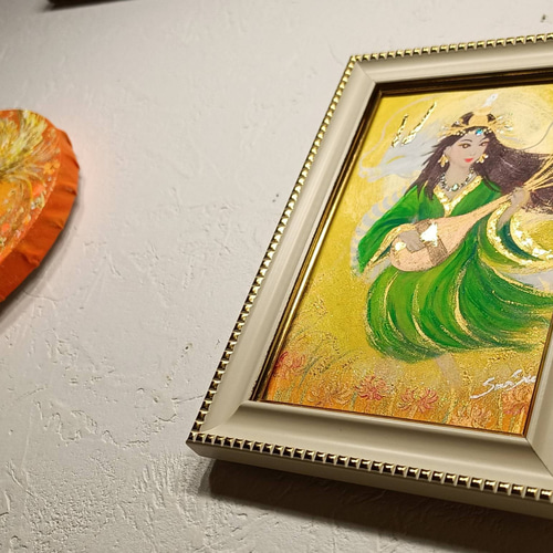 風水運気上昇神仏絵画＊豊かさの光を奏でる翡翠の衣を纏う弁財天と白龍