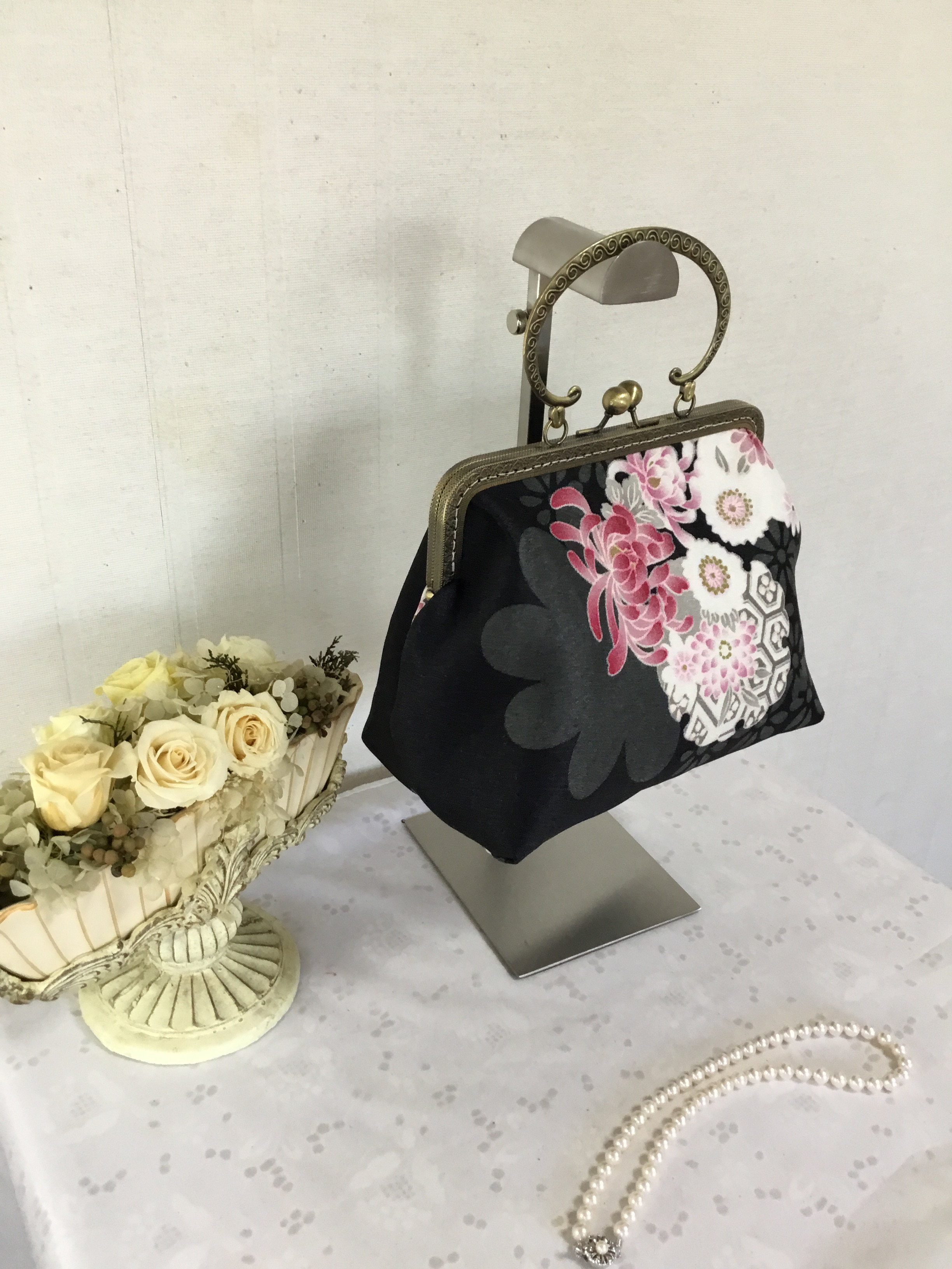 花ぷらら・オリジナル・ぷっくりがま口バック・ハンドメイド・リメイク・帯・カバン・2Way・ちょっと小さめ・452