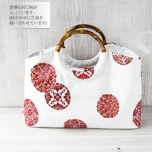 紬帯 水辺に白菖蒲 リメイク バンブーハンドルバッグ