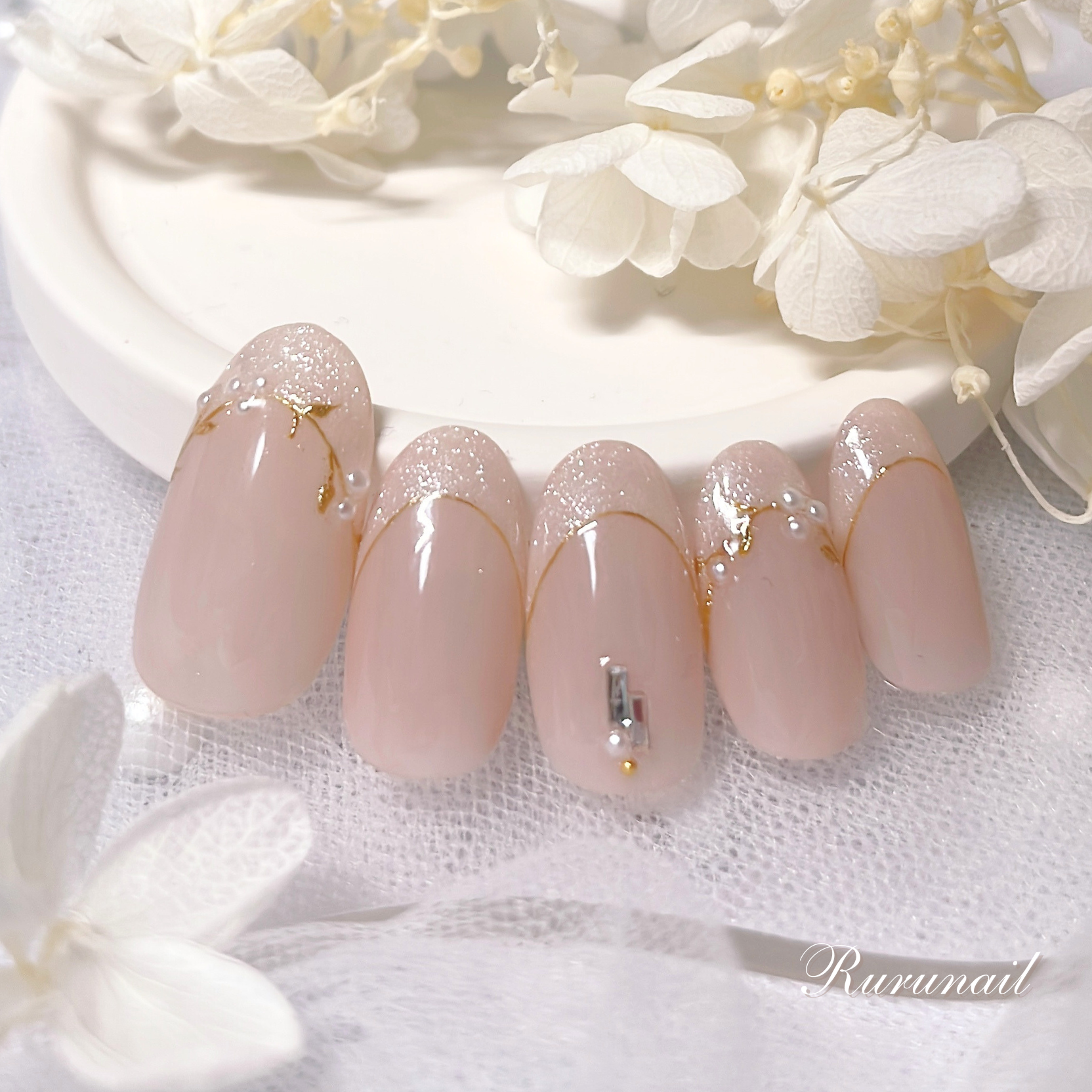 パステル/上品フレンチネイルチップ/パールフラワー/ブライダル/春/075
