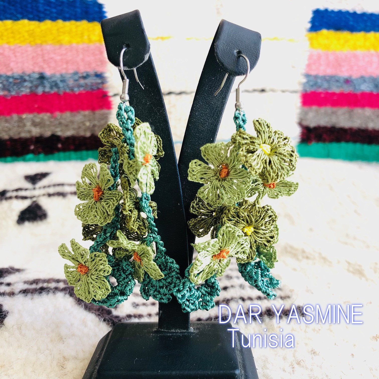 トルコ伝統工芸　oya刺繍　「アナベル　グリーン　ひたむきな愛」　ロングピアス1033-7