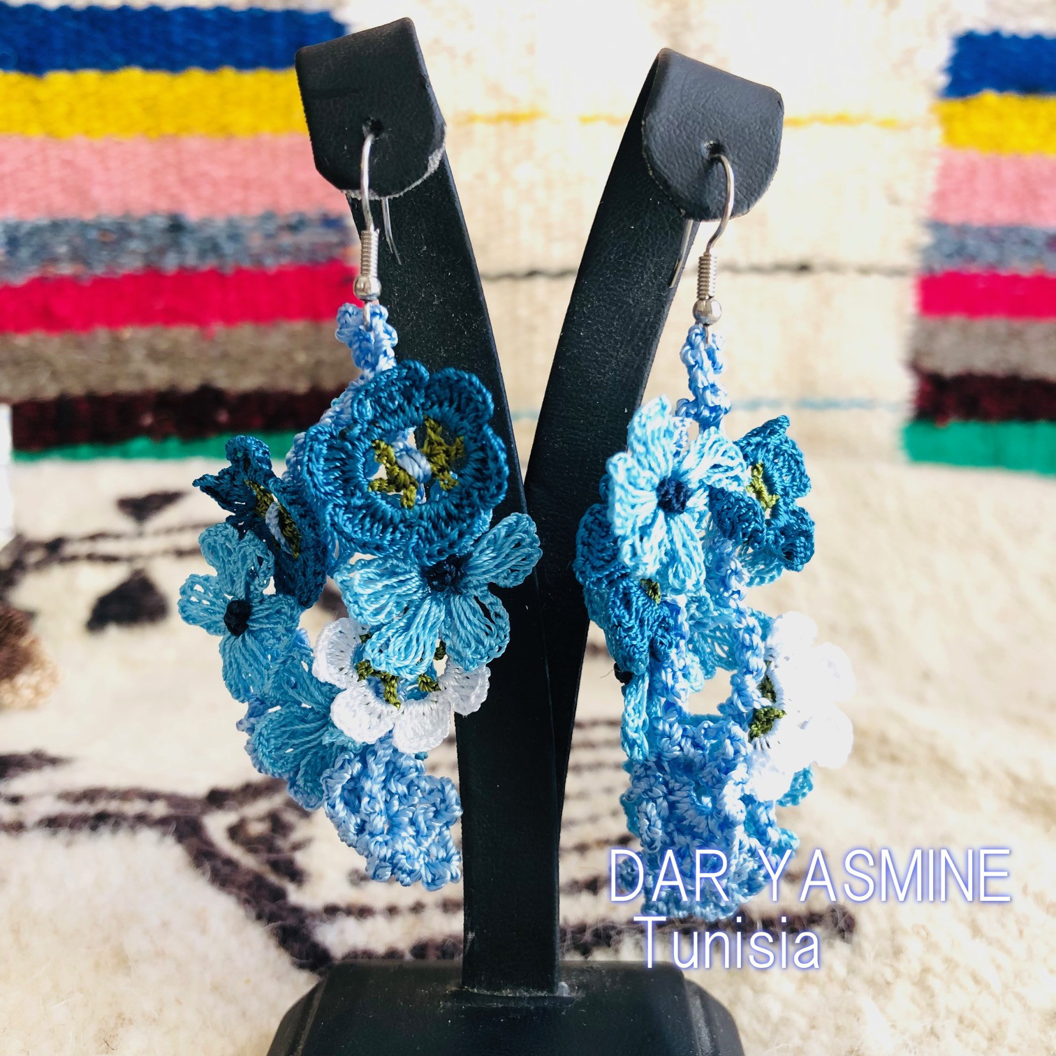 トルコ伝統工芸　oya刺繍　「星の精 ブルースター　信じあう心」　ロングピアス1034-7