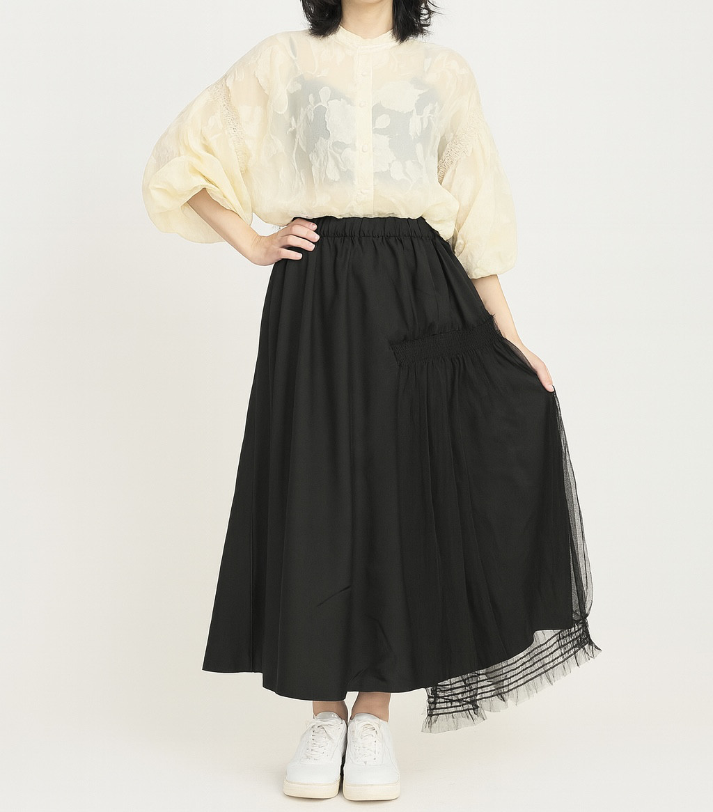 着痩せするチュール。大人フェミニン　サイドチュールロングスカート　きれいめもカジュアルも叶うマキシロングプラスサイズ