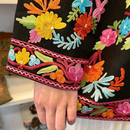 インド刺繍 ジャケット ロング丈 花柄 チュニック アウター ブラック