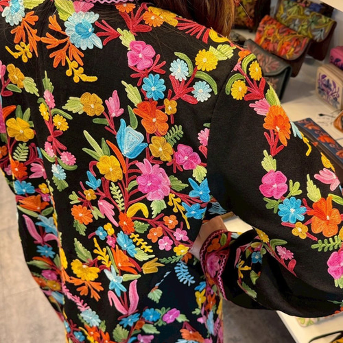 インド刺繍 ジャケット ロング丈 花柄 チュニック アウター ブラック