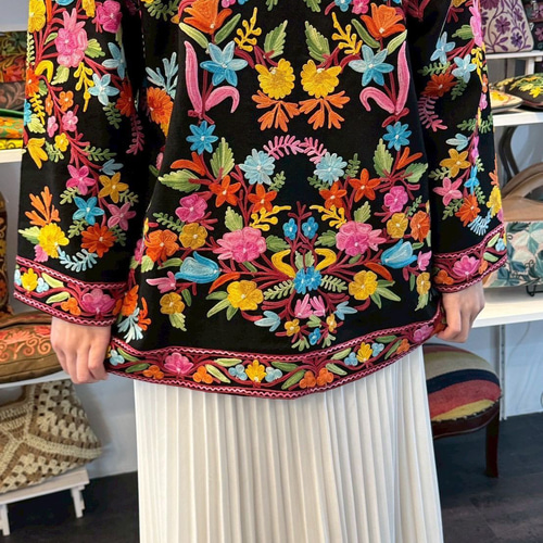 インド刺繍 ジャケット ロング丈 花柄 チュニック アウター ブラック