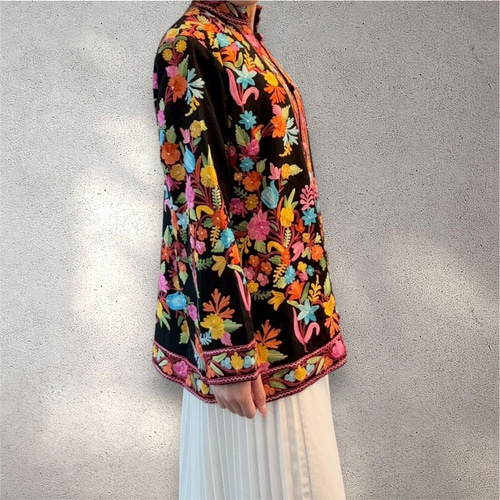 インド刺繍 ジャケット ロング丈 花柄 チュニック アウター ブラック