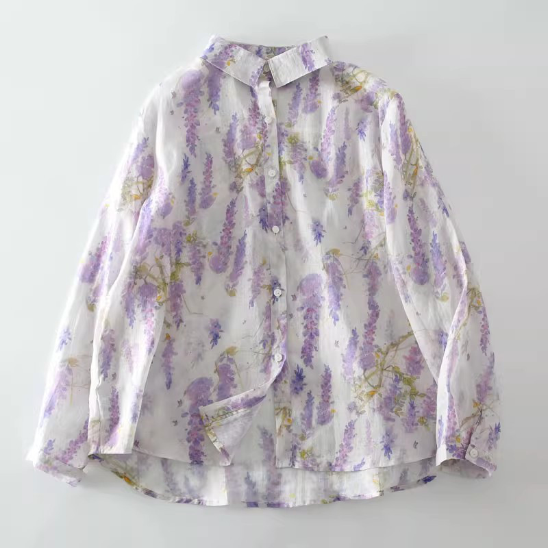 ラミー麻100％ パープル花柄プリント 薄手のゆったりした長袖ブラウス 大人可愛い 春夏秋