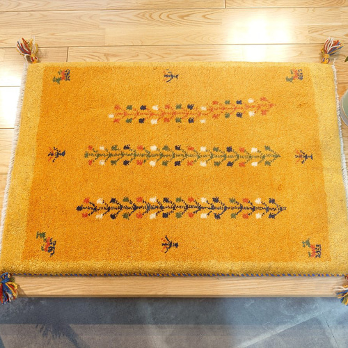 ペルシャ ギャッベ 玄関マット ラグ 88x60cm 黄金色 RD7108 カーペット