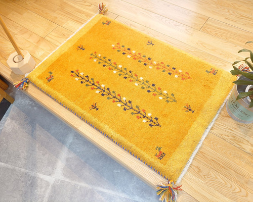 ペルシャ ギャッベ 玄関マット ラグ 88x60cm 黄金色 RD7108 カーペット