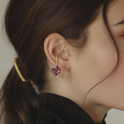 ２個セット｜ヴィンテージガラスのイヤーカフ［スクエアフラワー・パープル］ゴールド／シルバー 2枚目の画像