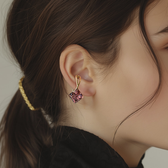 ２個セット｜ヴィンテージガラスのイヤーカフ［スクエアフラワー・パープル］ゴールド／シルバー 2枚目の画像