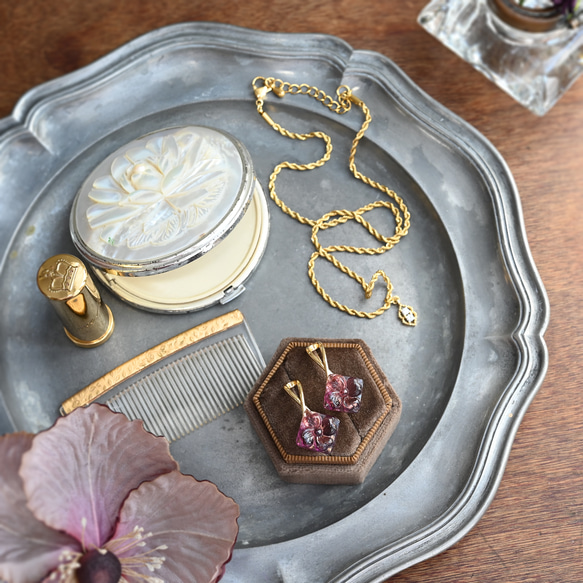 ２個セット｜ヴィンテージガラスのイヤーカフ［スクエアフラワー・パープル］ゴールド／シルバー 10枚目の画像