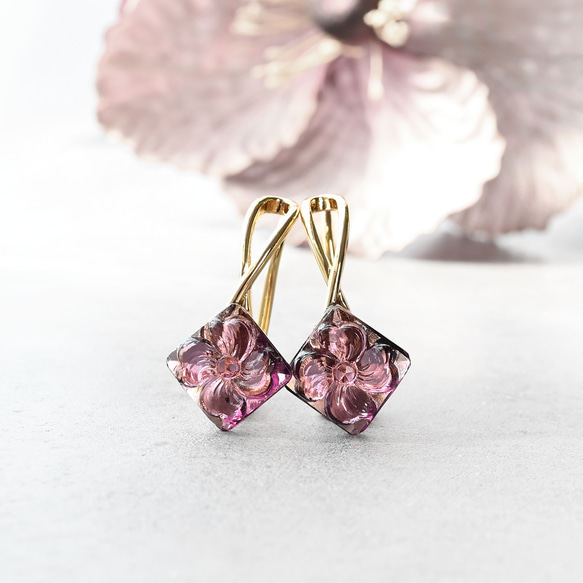 ２個セット｜ヴィンテージガラスのイヤーカフ［スクエアフラワー・パープル］ゴールド／シルバー 5枚目の画像