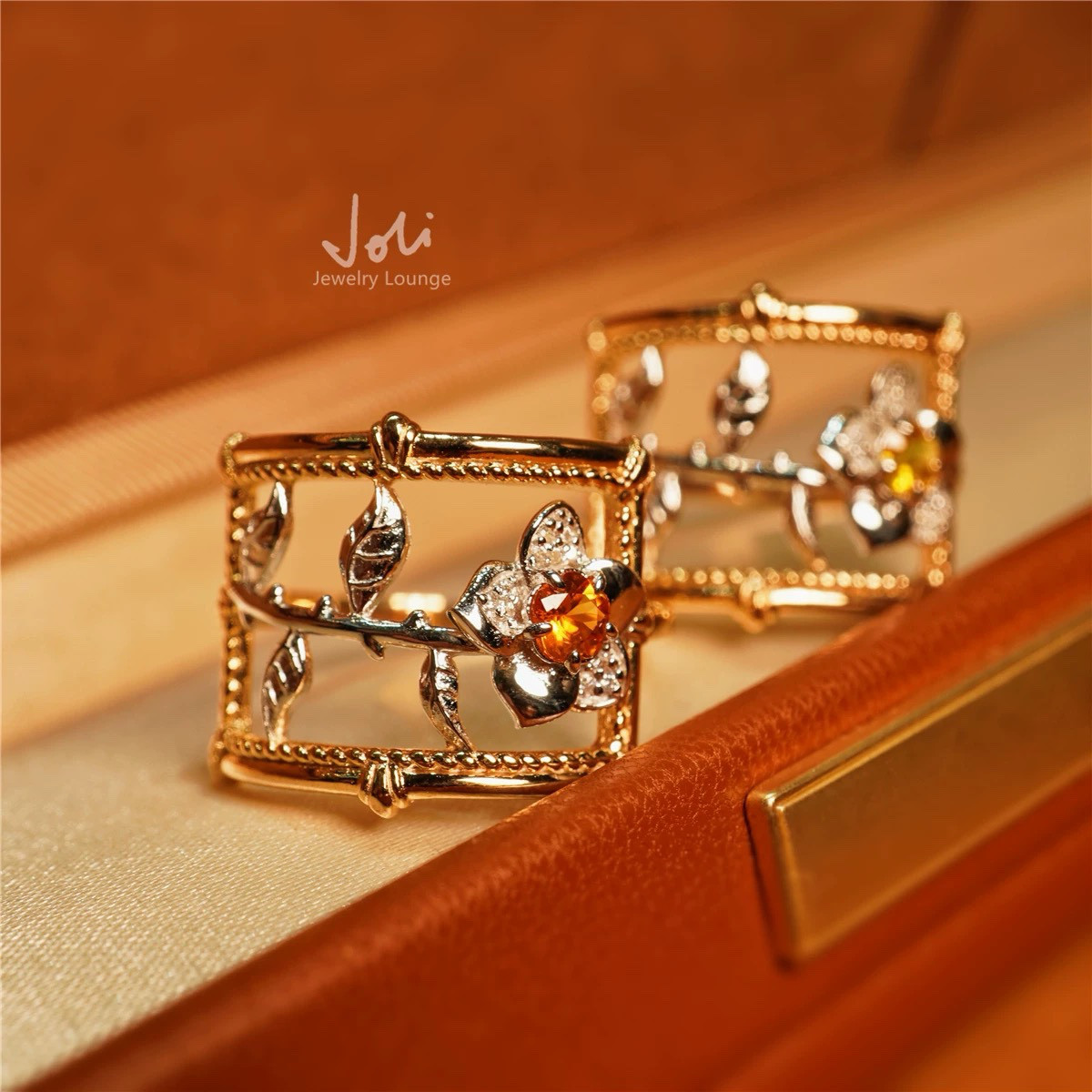 ヴィンテージ風油絵 天然オレンジイエローサファイア キラキラ レトロ 指輪 ワイド リング アート 彫刻 フラワー 花