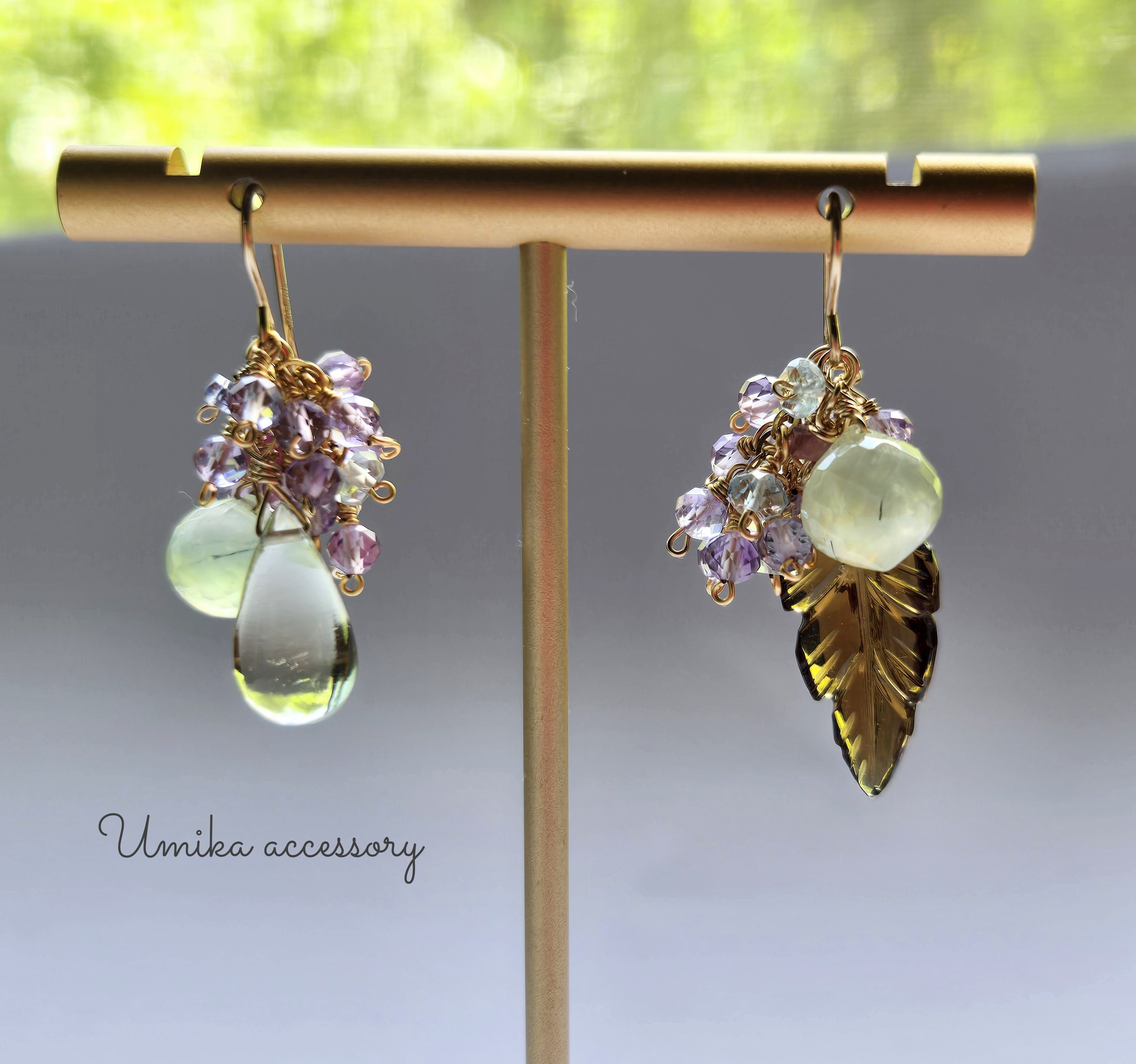 希少石大粒リビアングラス×ハニークォーツ、アシンメトリーピアス14kgf～harvest