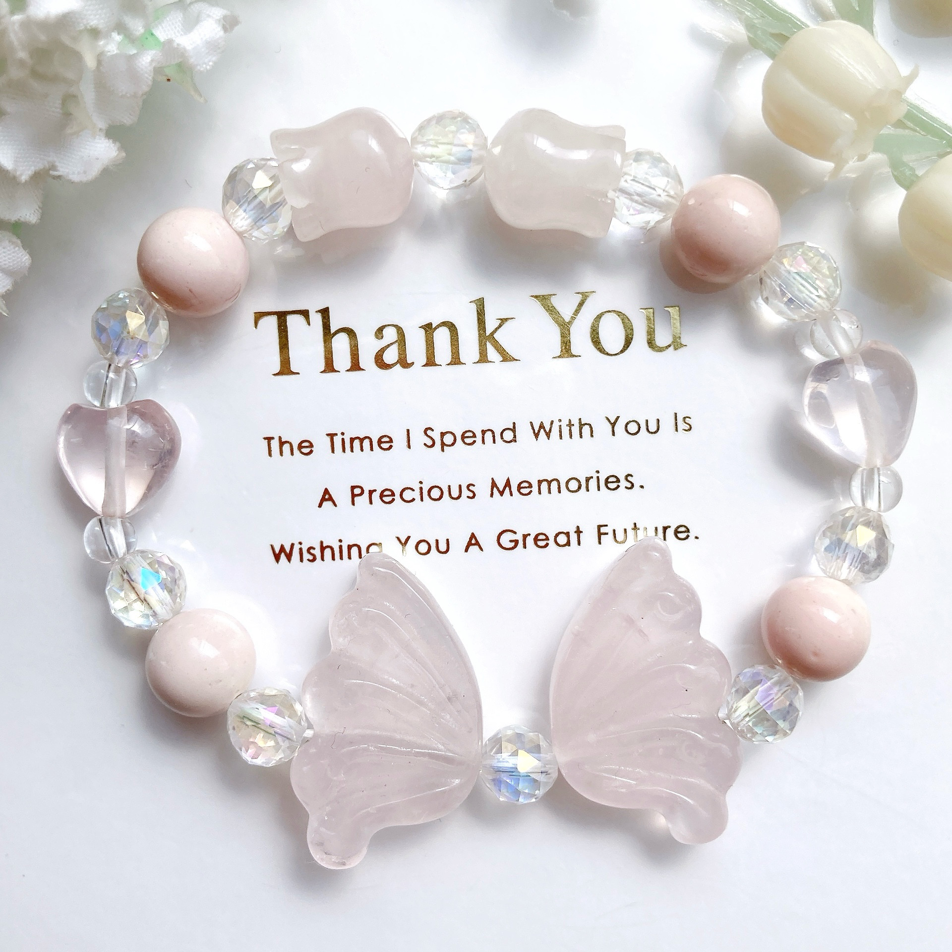 ローズクォーツ羽鈴蘭ハート天然石ブレスレット