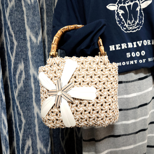 クラフトバンド＊花結びかごバッグM/✤ビッグフラワー/ベージュ かご