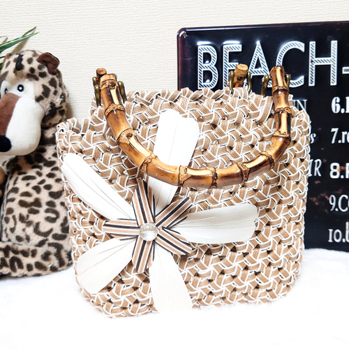 クラフトバンド＊花結びかごバッグM/✤ビッグフラワー/ベージュ かご