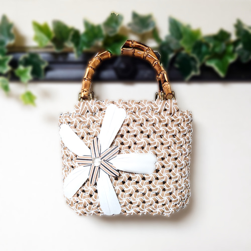 クラフトバンド＊花結びかごバッグM/✤ビッグフラワー/ベージュ かご