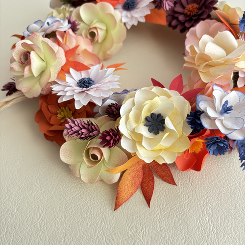 秋色ブーケリース ペーパーフラワーアート オレンジ系 秋の新作