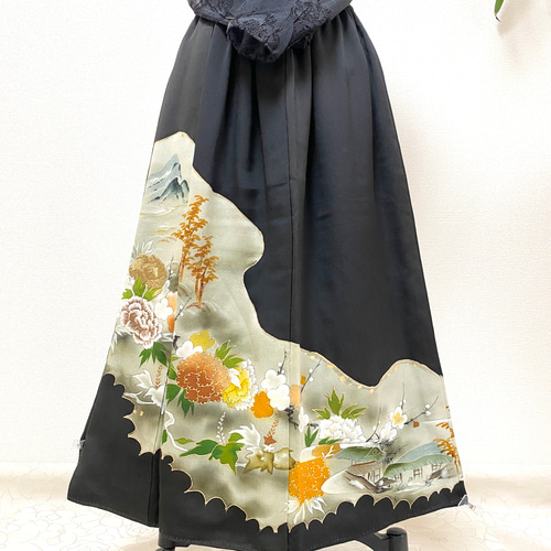 大人可愛いセレブ着物スカートフリーサイズ黒留袖着物リメイクロングスカート6251 大人可愛いセレブ着物スカートフリーサイズ黒留袖着物リメイクウエスト