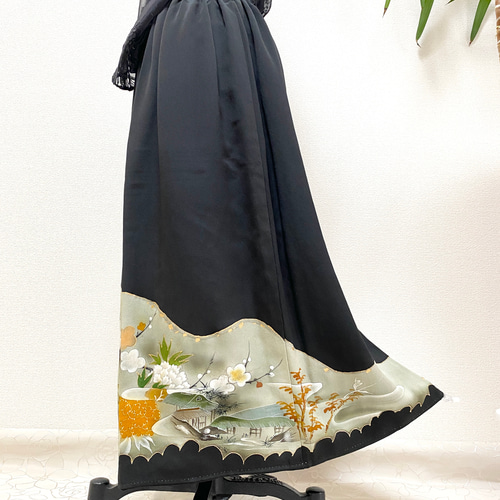 大人可愛いセレブ着物スカートフリーサイズ黒留袖着物リメイクウエスト