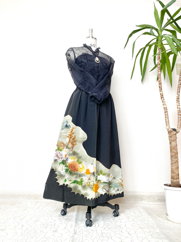 大人可愛いセレブ着物スカートフリーサイズ黒留袖着物リメイクロングスカート6251 大人可愛いセレブ着物スカートフリーサイズ1点物黒留袖着物リメイク