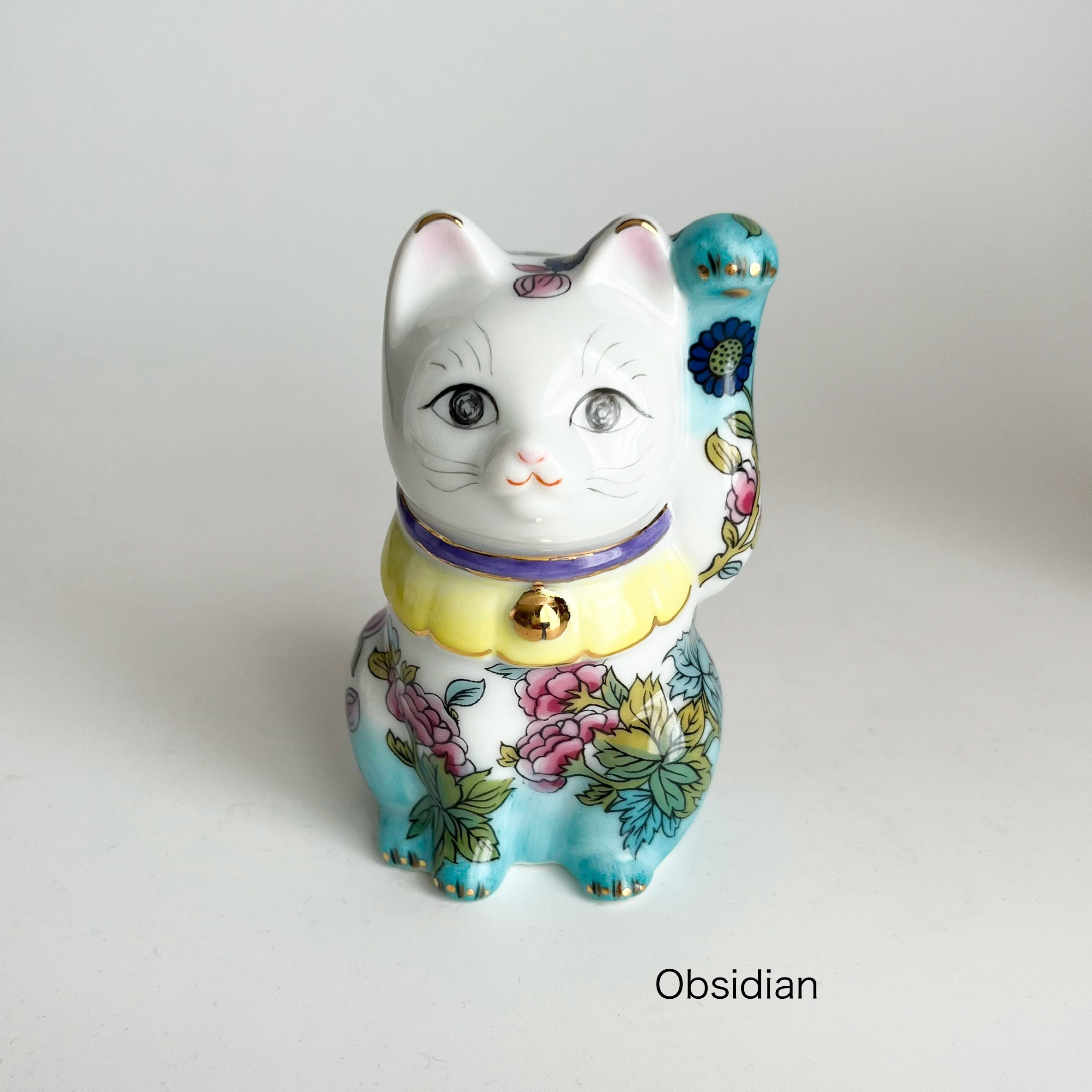 招き猫　インディアンツリー　ピーコックグリーン　左手　⭐︎ 磁器製