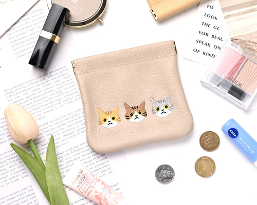 ばね口 マルチポーチ 【 シュリンクレザー 3匹の猫 】 本革 ポーチ