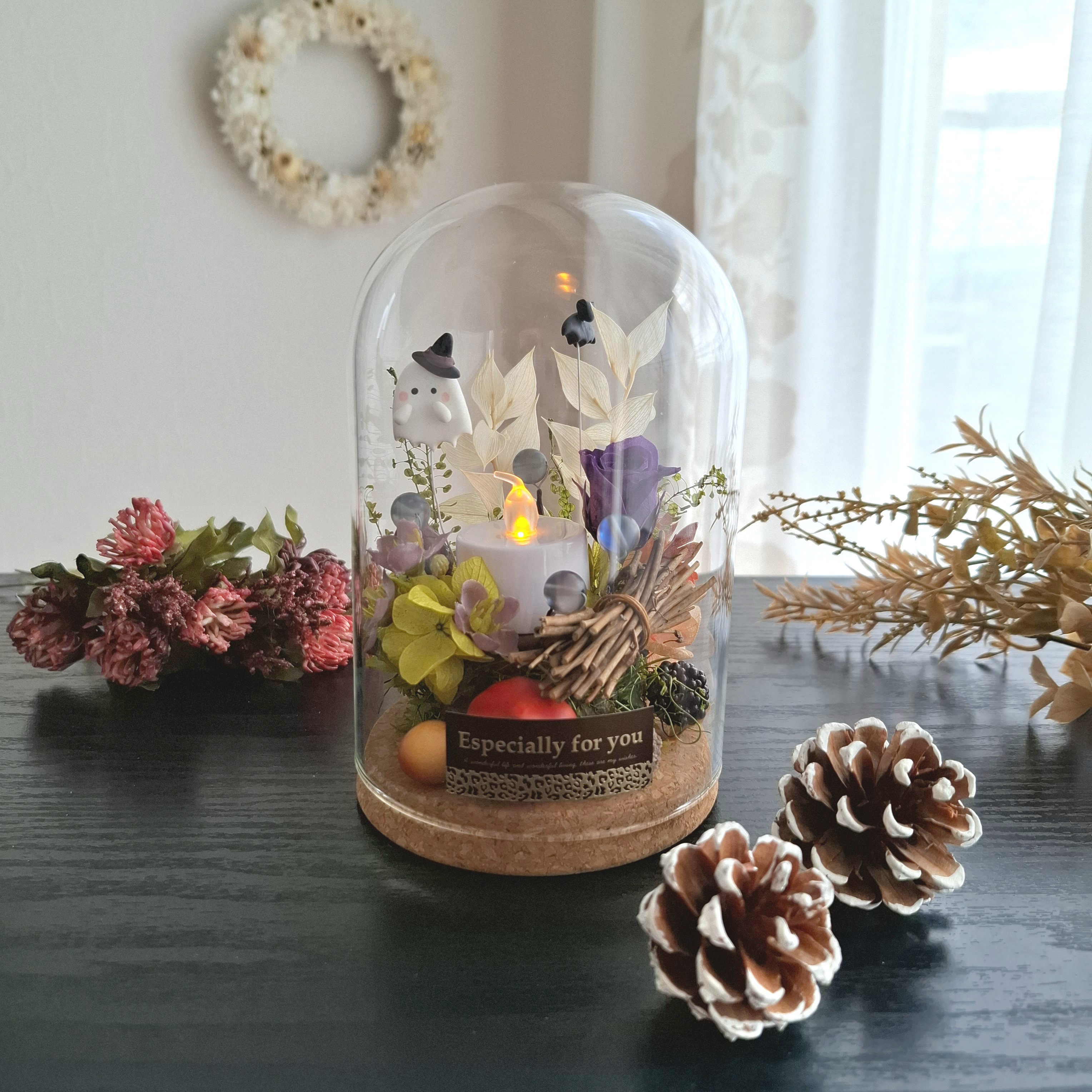 ハロウィン♡長くれ飾る♪【2way】蝙蝠・お化けのドームアレンジ｜秋インテリア｜誕生日