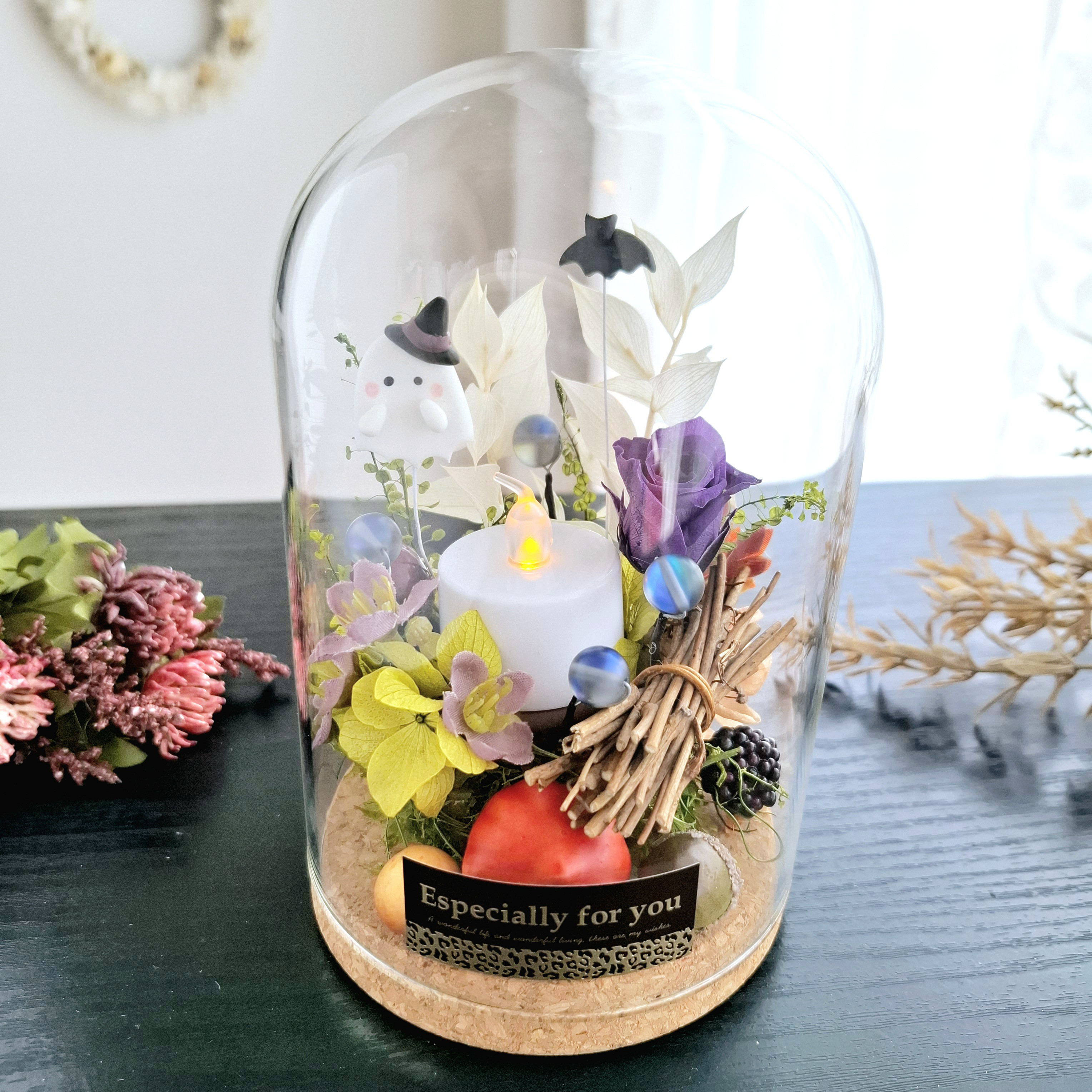 ハロウィン♡長くれ飾る♪【2way】蝙蝠・お化けのドームアレンジ｜秋インテリア｜誕生日