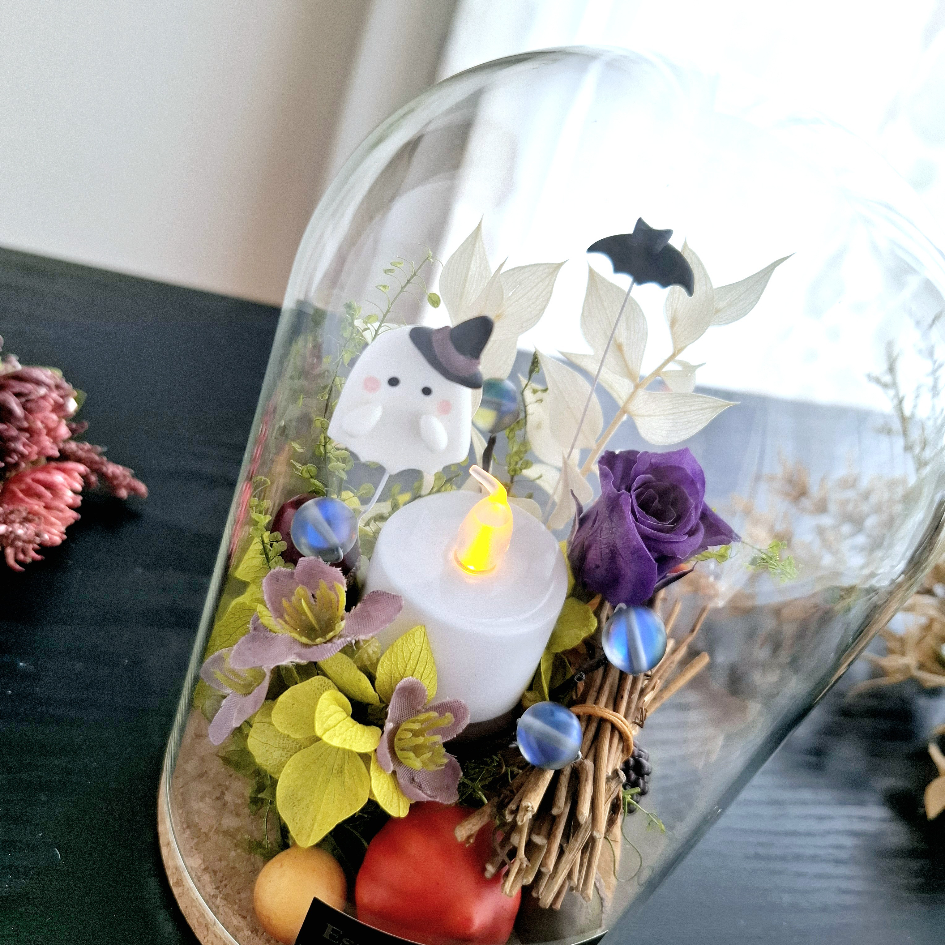 ハロウィン♡長くれ飾る♪【2way】蝙蝠・お化けのドームアレンジ｜秋インテリア｜誕生日