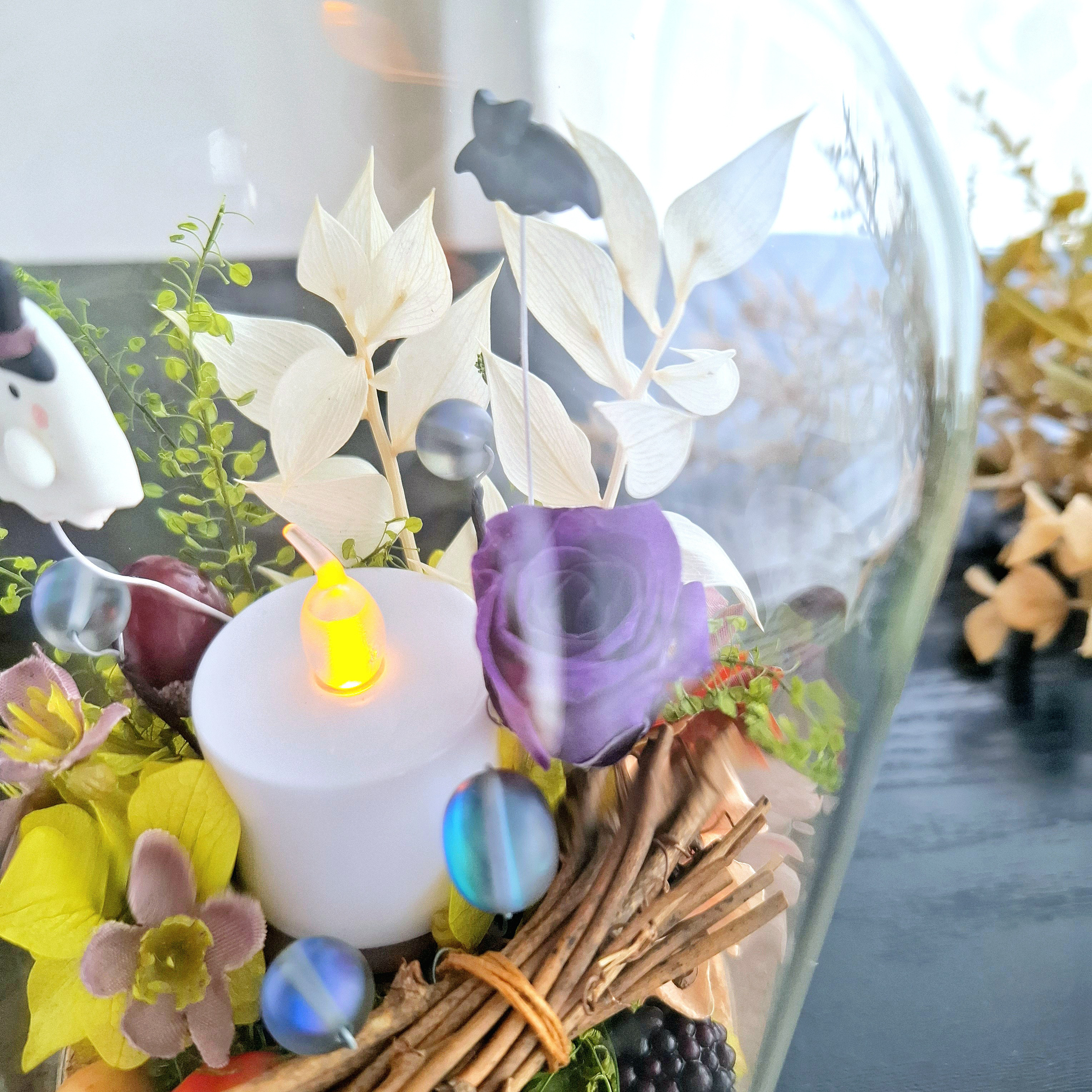 ハロウィン♡長くれ飾る♪【2way】蝙蝠・お化けのドームアレンジ｜秋インテリア｜誕生日