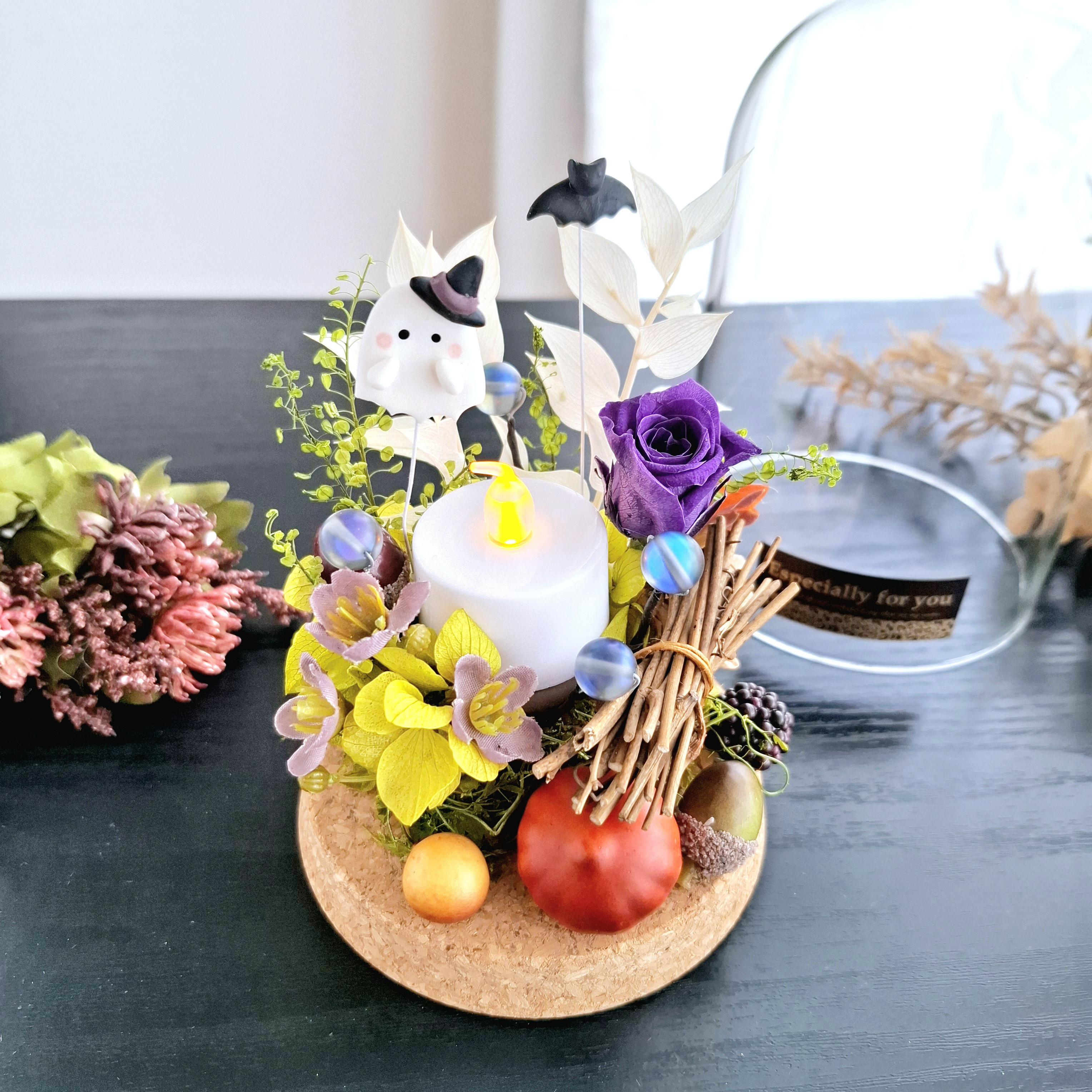 ハロウィン♡長くれ飾る♪【2way】蝙蝠・お化けのドームアレンジ｜秋インテリア｜誕生日