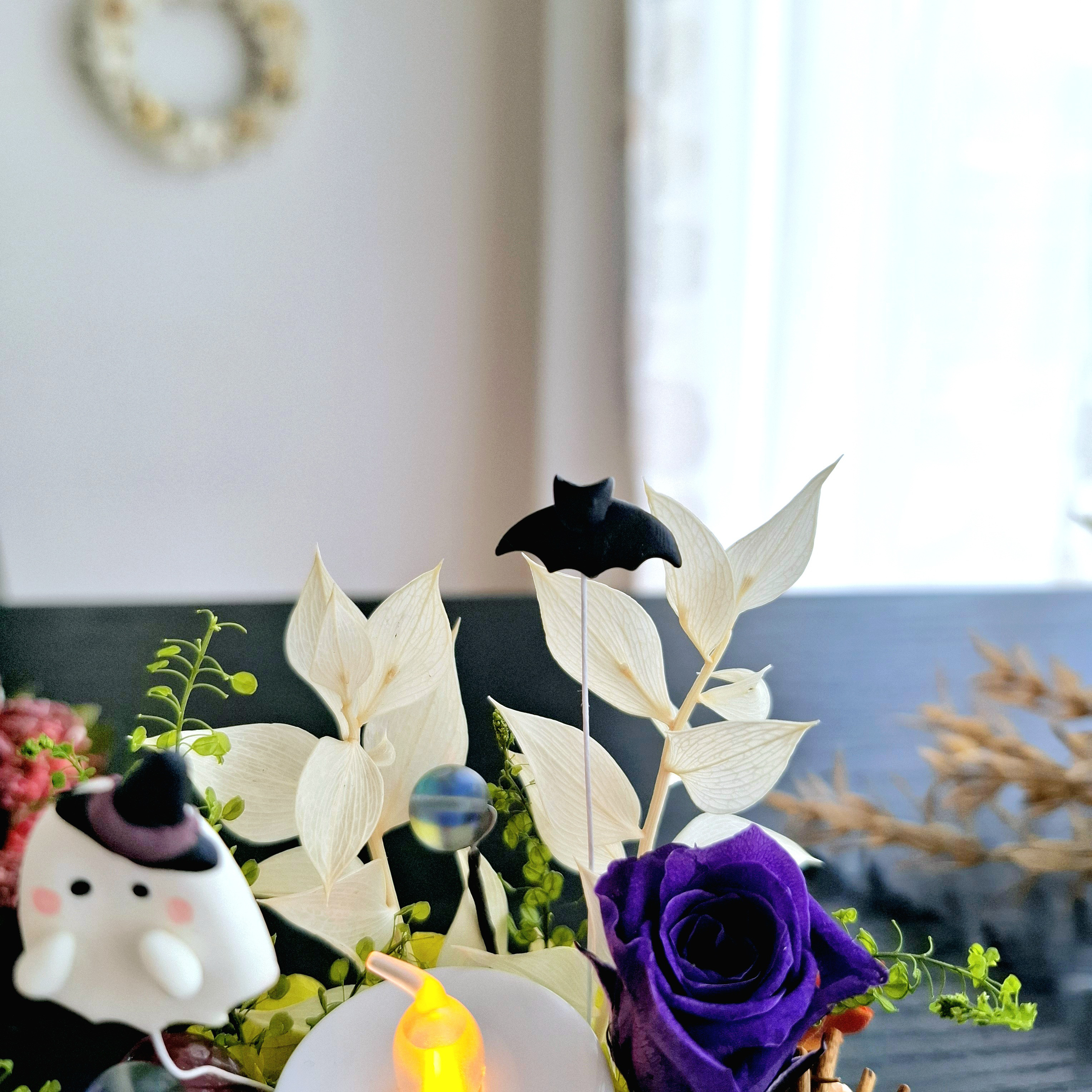 ハロウィン♡長くれ飾る♪【2way】蝙蝠・お化けのドームアレンジ｜秋インテリア｜誕生日