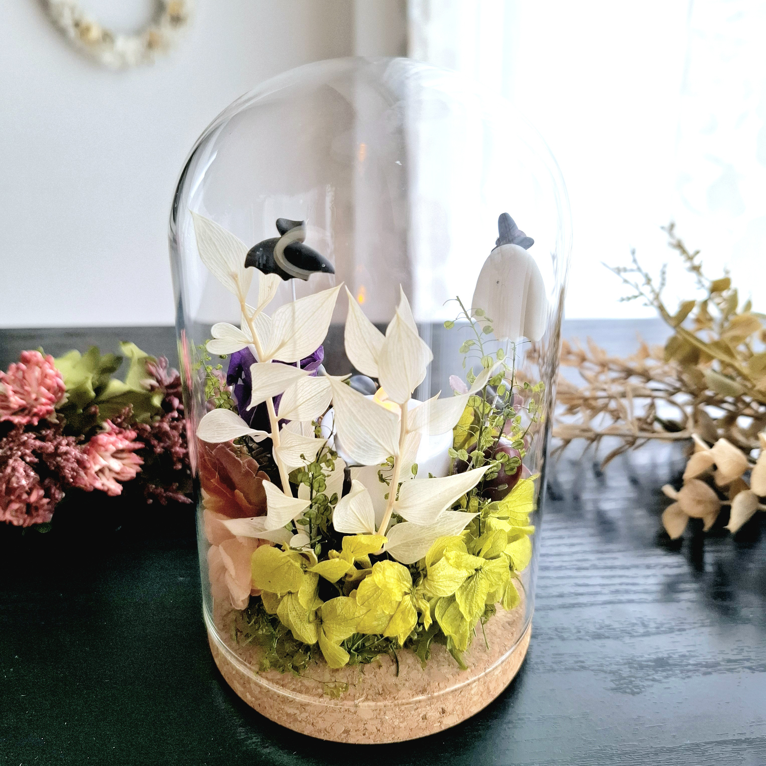 ハロウィン♡長くれ飾る♪【2way】蝙蝠・お化けのドームアレンジ｜秋インテリア｜誕生日