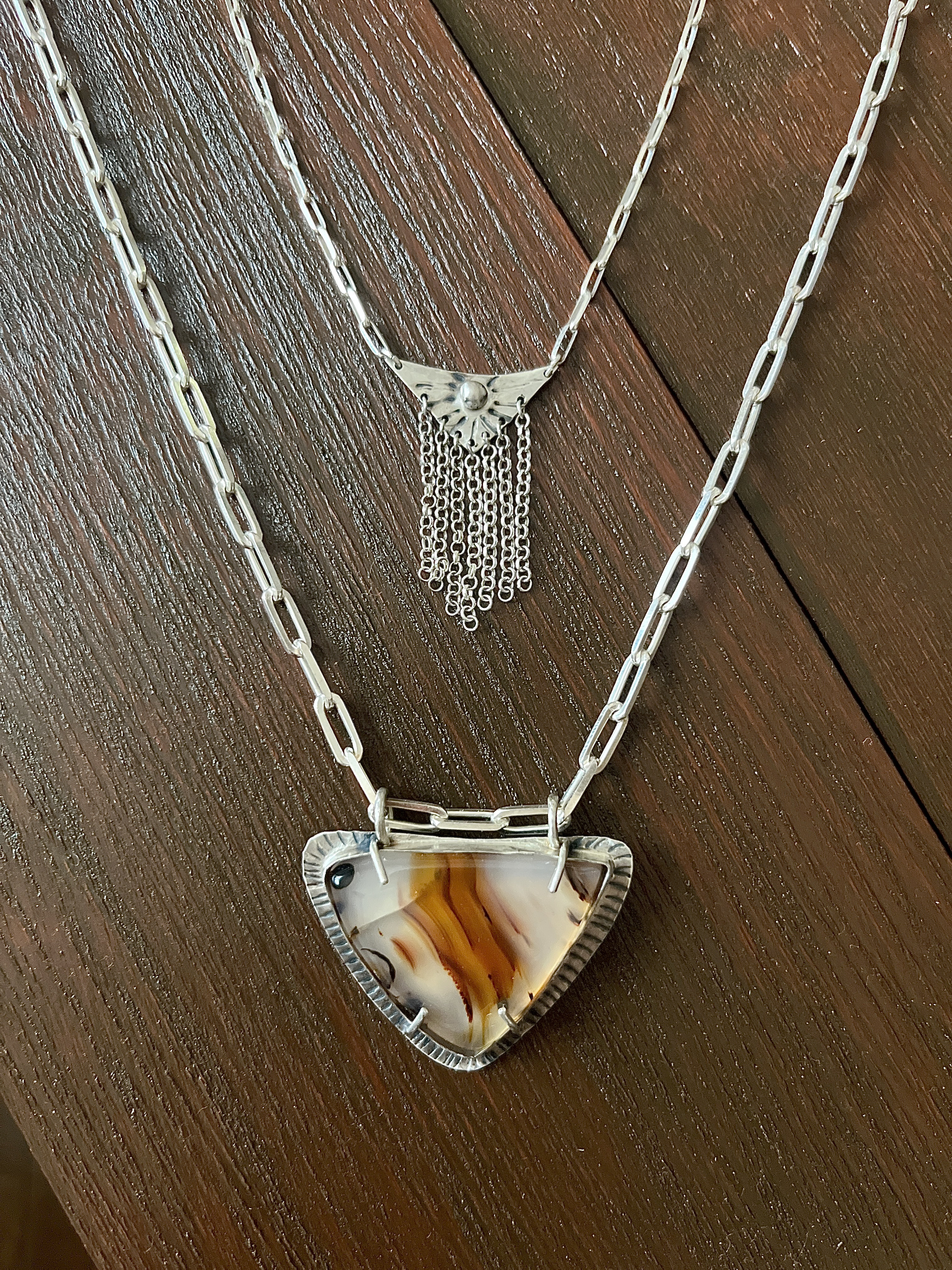 モンタナアゲートとチェーンフリンジの２連ネックレス　シルバー925