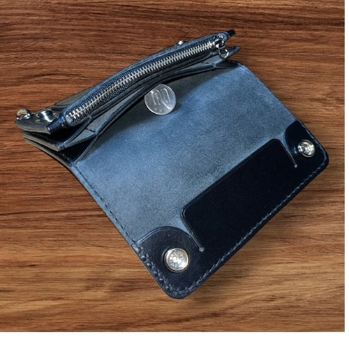 [ハンドメイド]ミニトラッカーウォレット栃木サドルオイルレザー小銭入れホック付き ⑤ミドルトラッカーウォレット/栃木レザー黒色/ホックシルバー/小判