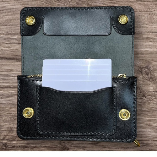 ⑥ミドルトラッカーウォレット/栃木レザー黒色/ホック真鍮/小判カン