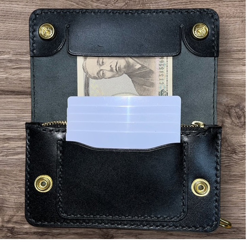 ⑥ミドルトラッカーウォレット/栃木レザー黒色/ホック真鍮/小判カン