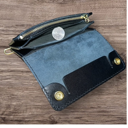 ⑥ミドルトラッカーウォレット/栃木レザー黒色/ホック真鍮/小判カン