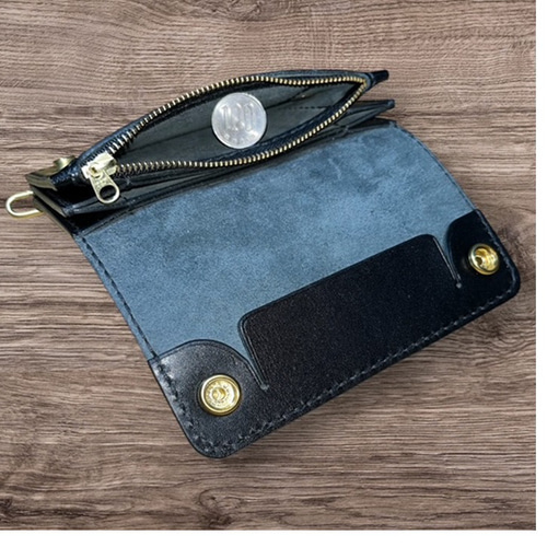 ⑥ミドルトラッカーウォレット/栃木レザー黒色/ホック真鍮/小判カン
