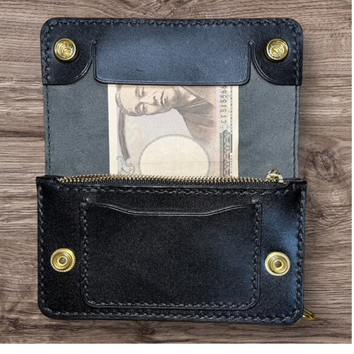 ⑥ミドルトラッカーウォレット/栃木レザー黒色/ホック真鍮/小判カン