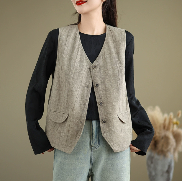 新作秋物】レディース ジレ リネンコットン Vネック