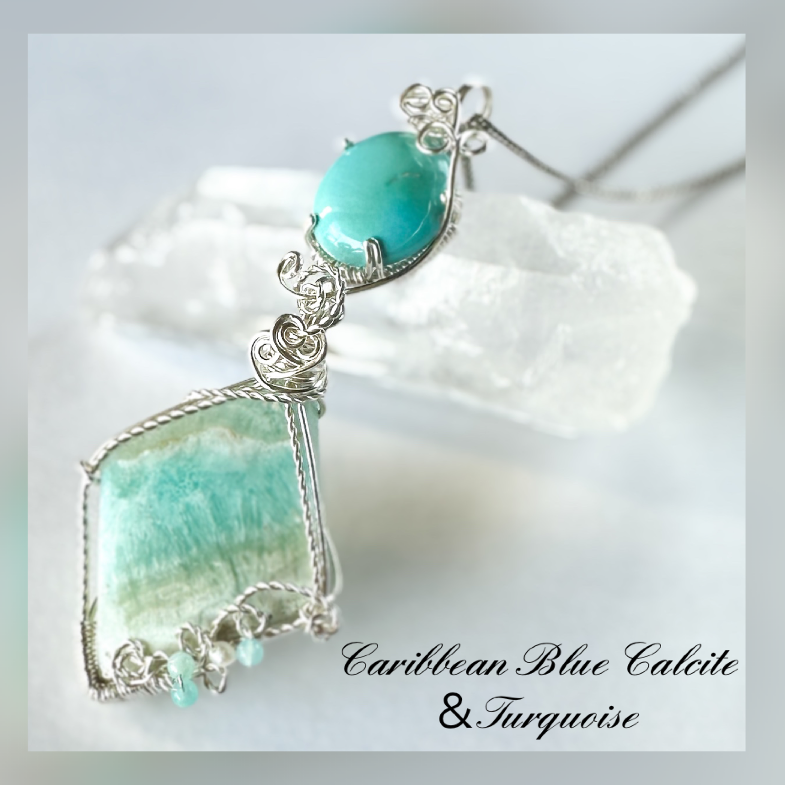 カリビアンブルー・カルサイトとターコイズ のワイヤージュエリー